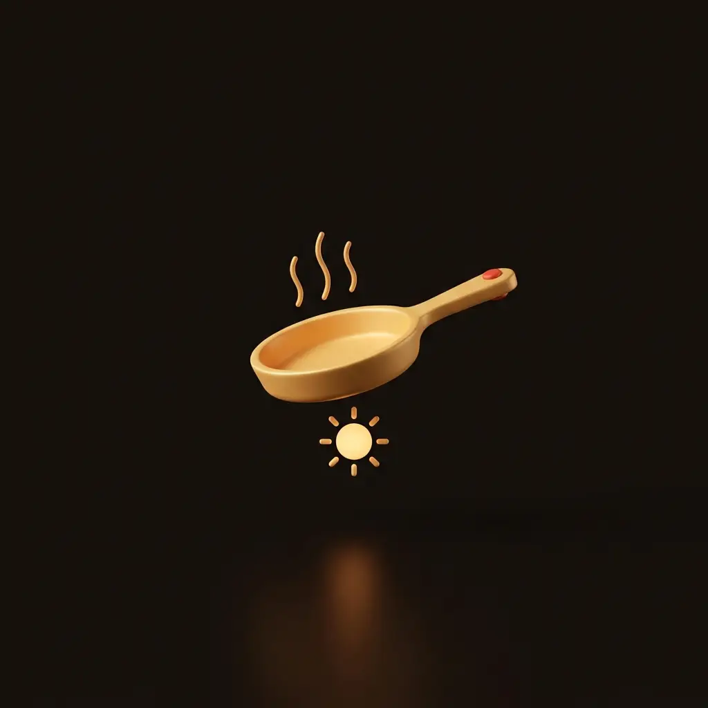 Gold frying pan icon hovering above a small sun.