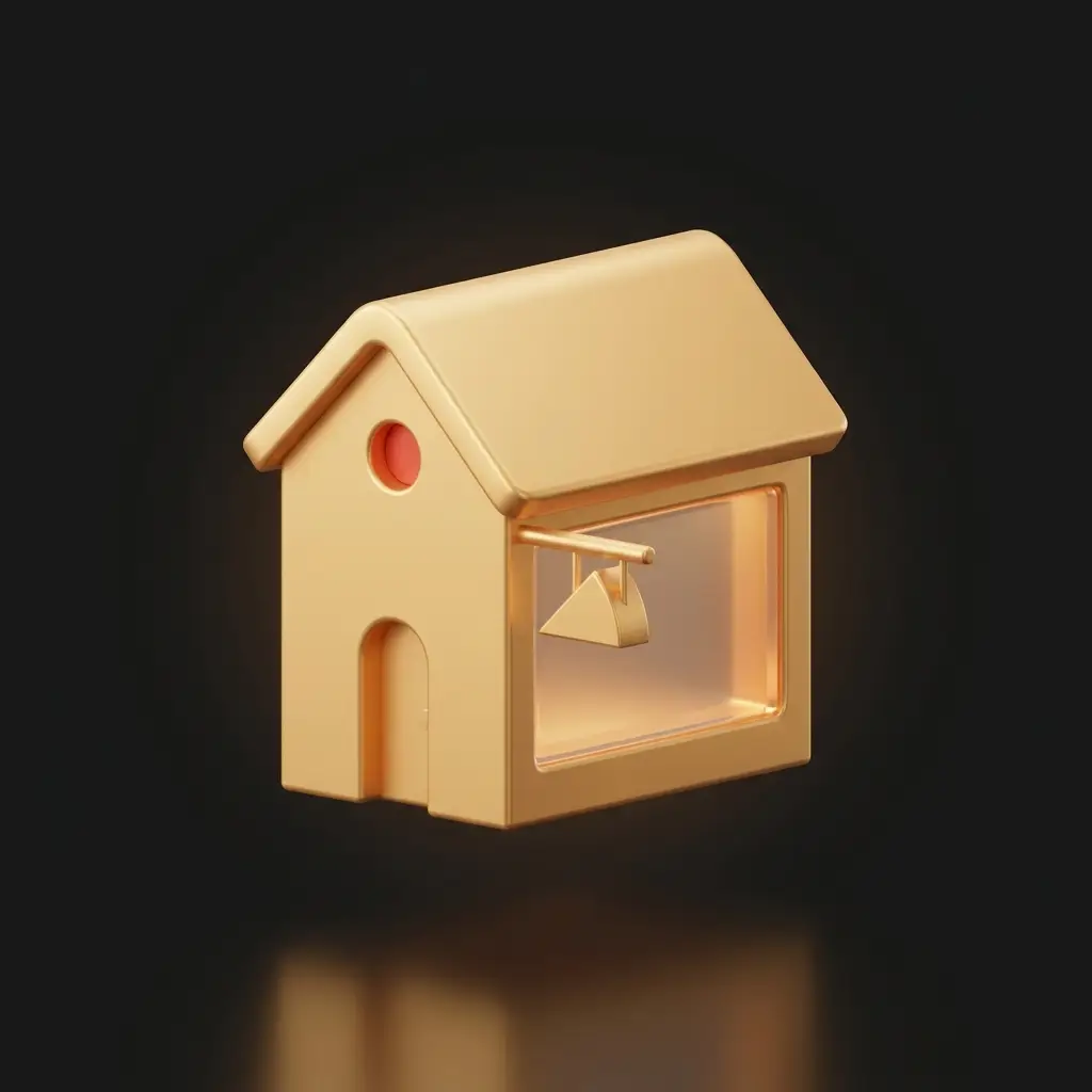 Gold neighborhood building icon with a wedge sign.