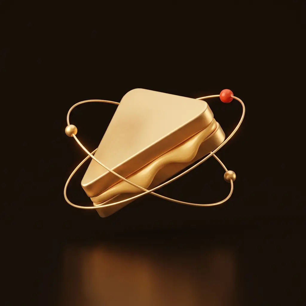 Gold grilled cheese cross-section icon with orbiting nutrient spheres.